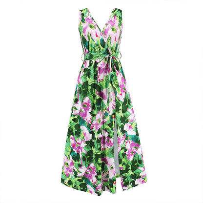 Green Sleeveless V-Neck Slit Dress