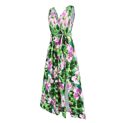 Green Sleeveless V-Neck Slit Dress