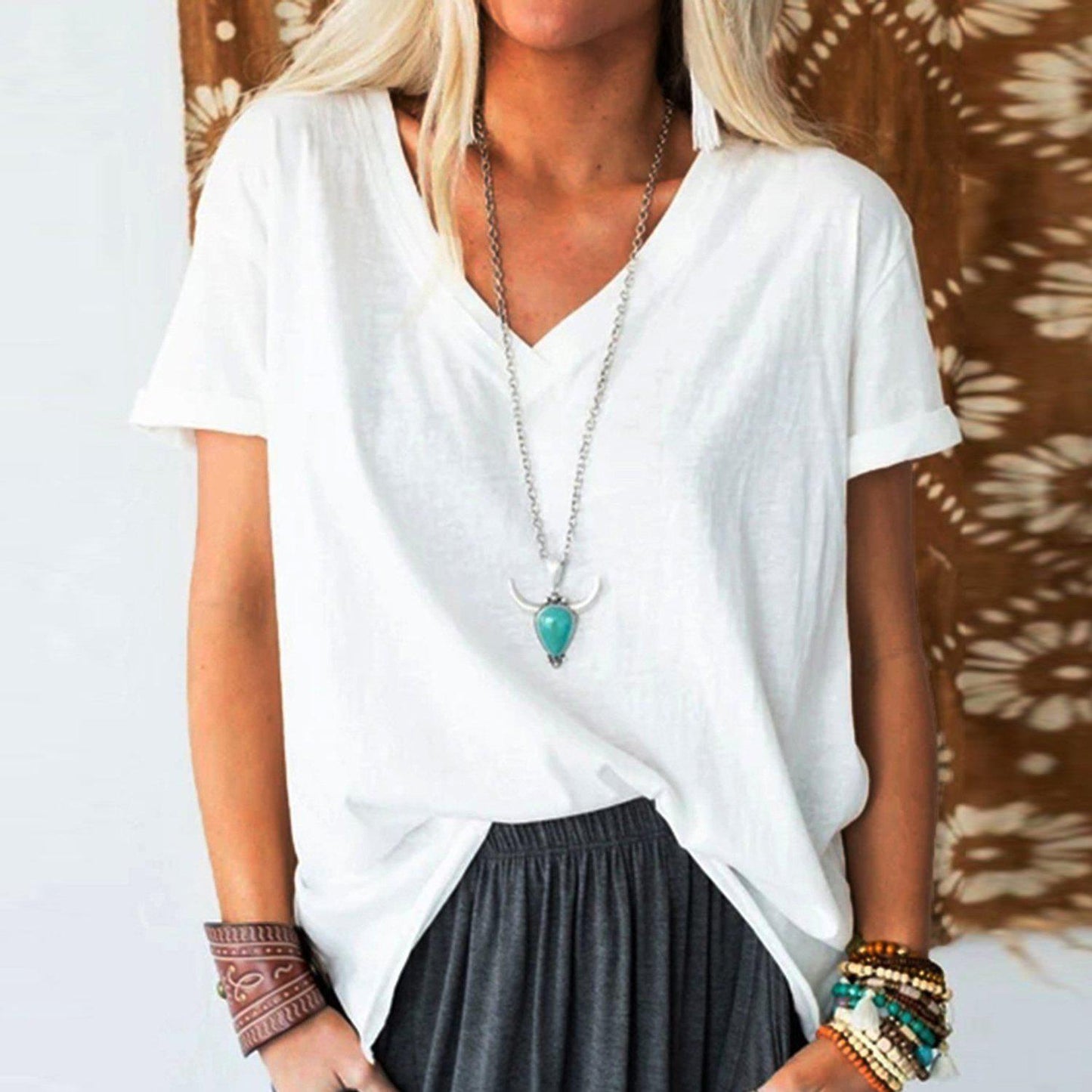 V-Neck Basic Plain Short Sleeve Top