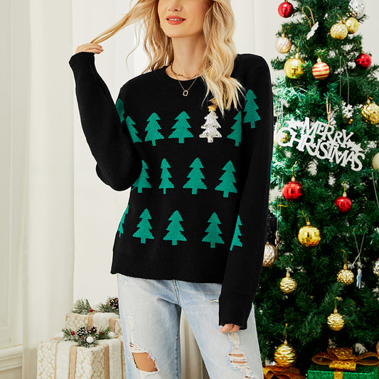 Jacquard Christmas Tree Knitted Long Sleeve Red/Black Christmas Sweater
