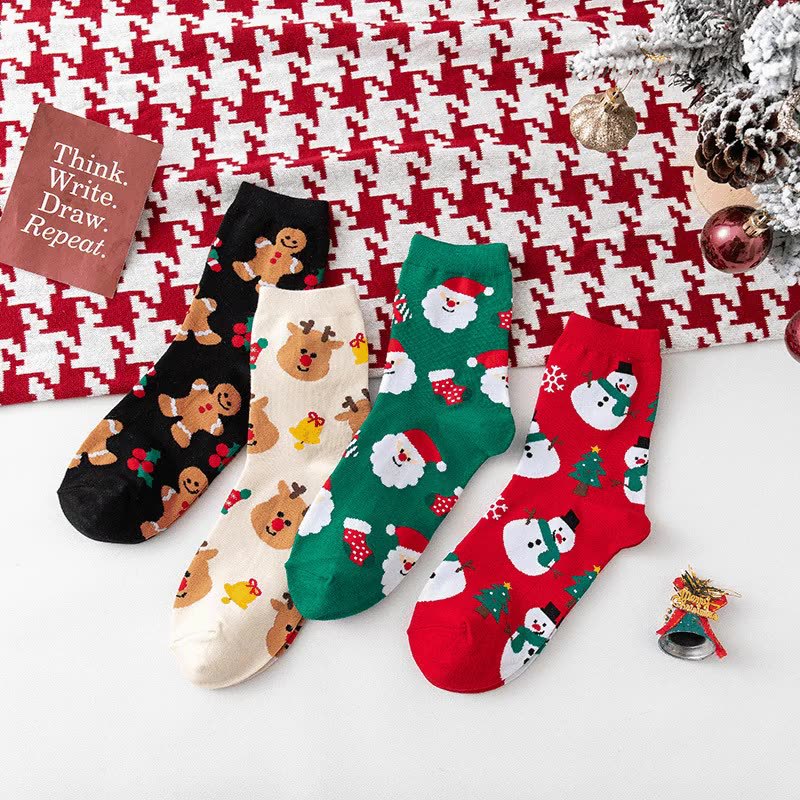 Santa Claus Elk Snowman Middle Socks