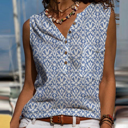 Blue Casual V-Neck Print Sleeveless Top