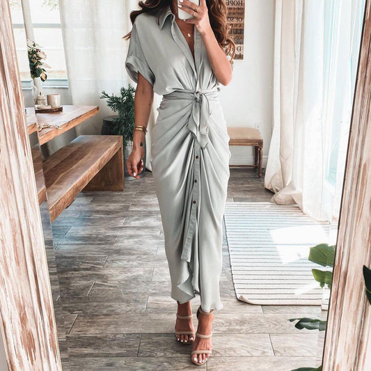 Grey Vintage Plain Short Sleeve Midi Dress With Belt