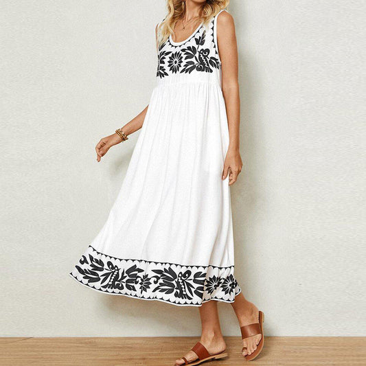 White Groovy Print Sleeveless Midi Dress