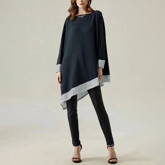 Irregular Hem Contrast Color Loose Round Neck Long Sleeve Shirt