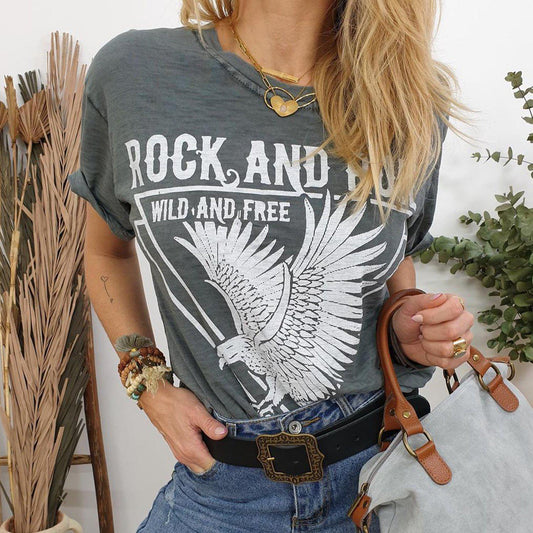 Casual Print Eagle Picture Short Sleeve Top