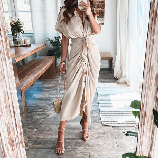 Apricot Vintage Plain Short Sleeve Midi Dress With Belt