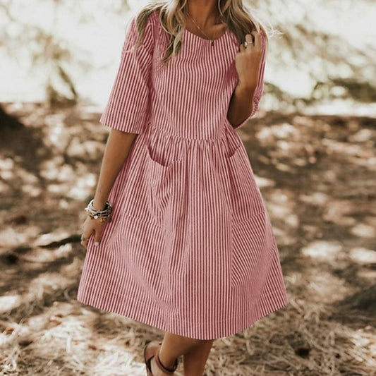Women's Round Neck Striped Pocket Casual Dress