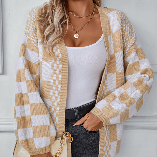 Women's Autumn/Winter New Colorblock Plaid Knit Cardigan Sweater