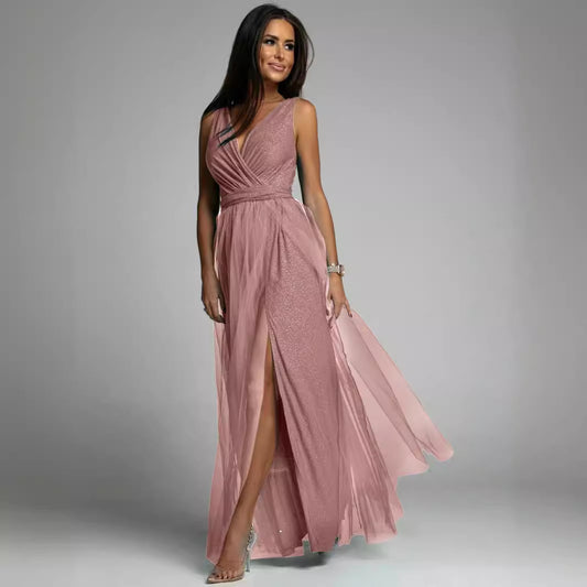 Split Thigh V Neck Wedding Guest Party Maxi Dress