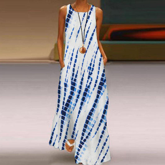 Fresh Spot Print Round Neck Sleeveless Maxi Dress