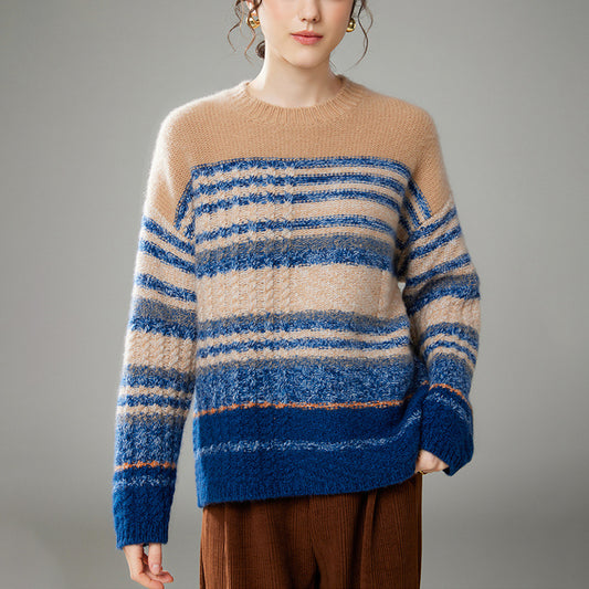 Floral Contrast Color Round Neck Cashmere Sweater