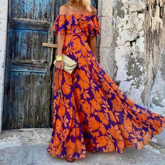 Stylish Red Print Short Sleeve Maxi Dress