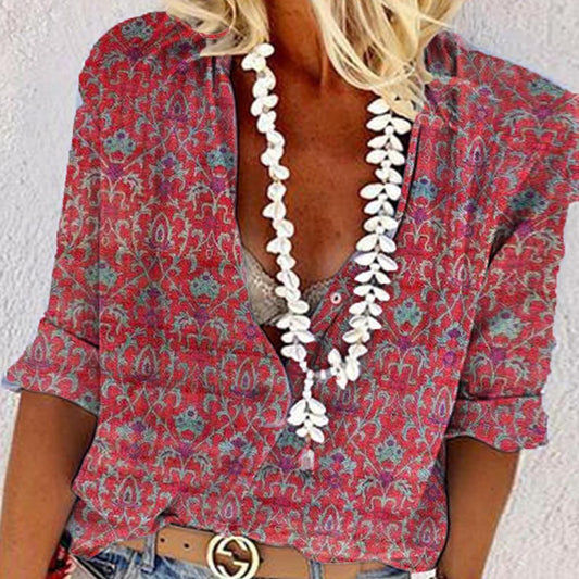 Red Attractive Print 3/4 Sleeve Top