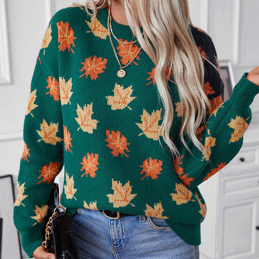 Maple Leaf Pattern Jacquard Casual Pullover Sweater for Women