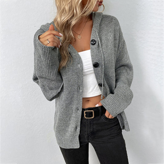 Women's Solid Color Hooded Drawstring Knit Cardigan Sweater