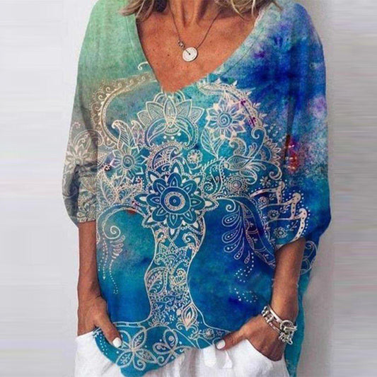 Blue Attractive Print 3/4 Sleeve Top
