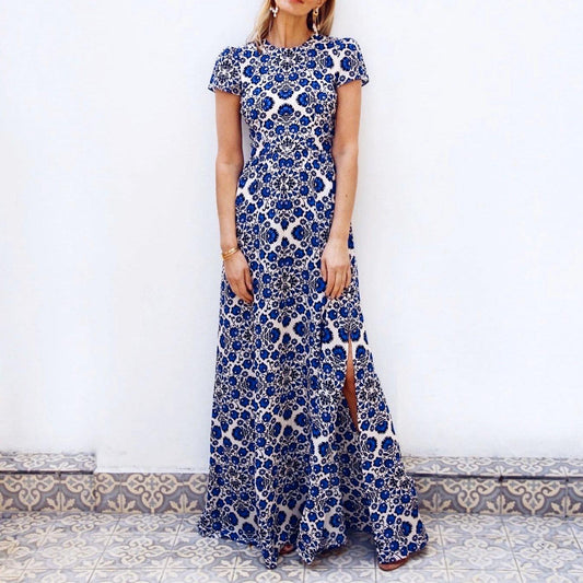Modern Flower Print Short Sleeve Maxi Dress