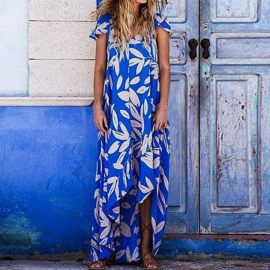 Grovy Blue Print Short Sleeve Maxi Dress