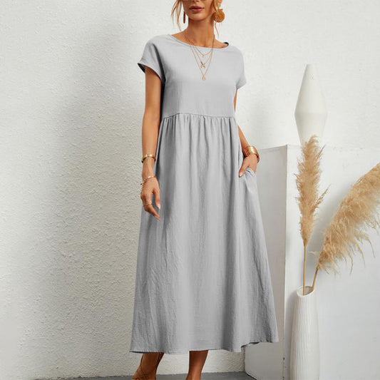 Women‘s Long Dress Solid Color Round Neck Tie Pockets