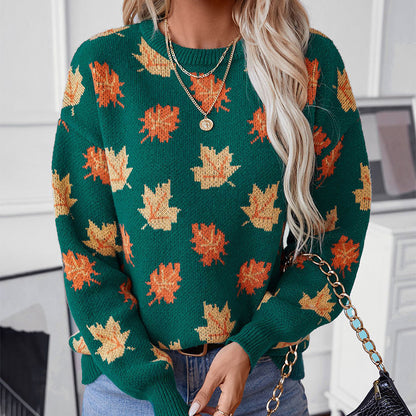 Maple Leaf Pattern Jacquard Casual Pullover Sweater for Women