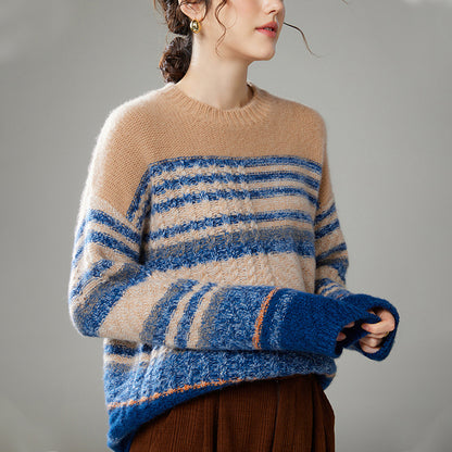 Floral Contrast Color Round Neck Cashmere Sweater