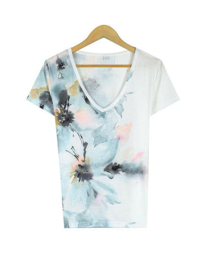 Casual V-Neck Short Sleeve Floral Top