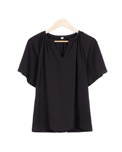 Chic Notched Neckline Short Sleeve Black Top