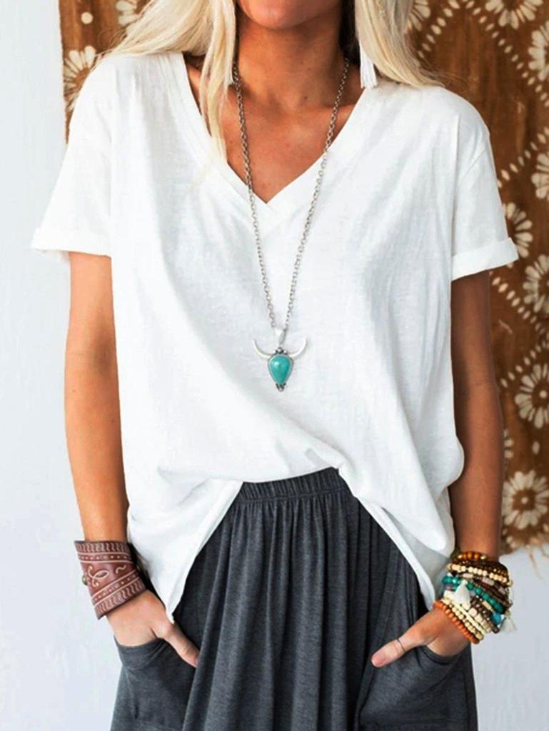 V-Neck Basic Plain Short Sleeve Top