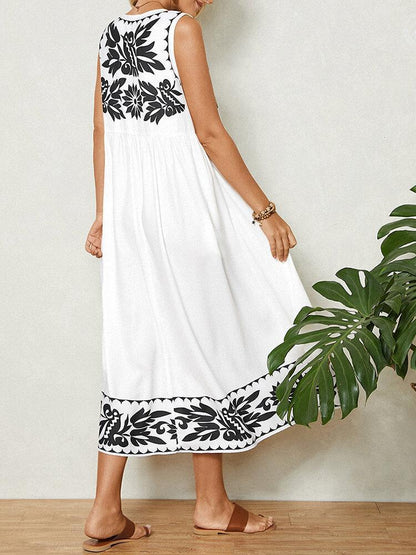 White Groovy Print Sleeveless Midi Dress