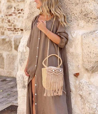 Basic Plain 3/4 Sleeve Midi Dress