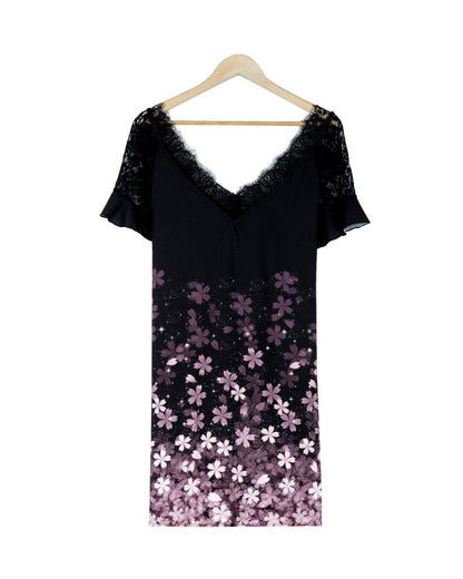 Elegant Printed Lace Short Sleeve Mini Dress