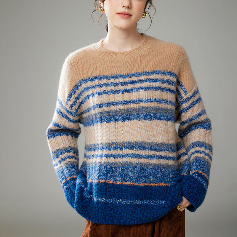 Floral Contrast Color Round Neck Cashmere Sweater