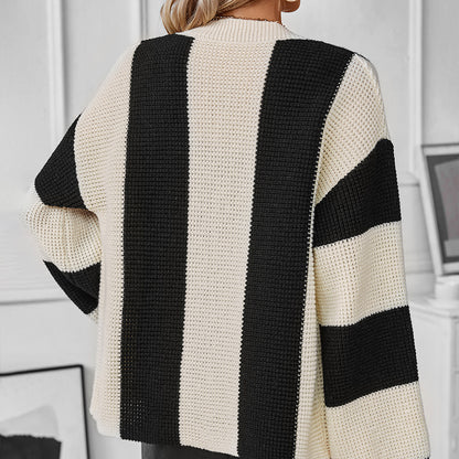 Striped Color Block Open Front Knit Cardigan