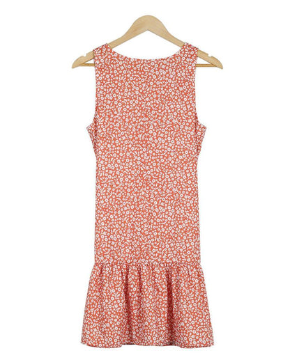 Sweet V-Neck Flounced Hem Sleeveless Printed Mini Dress