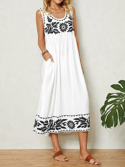 White Groovy Print Sleeveless Midi Dress