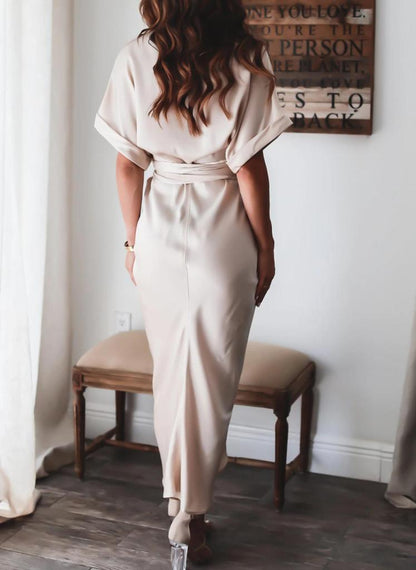 Apricot Vintage Plain Short Sleeve Midi Dress With Belt