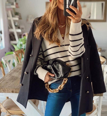 Cool Zipper V-Neck Long Sleeve Striped Sweater