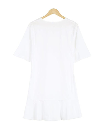 Ladylike White Plain Ruffle Cuff And Hem Short Sleeve Mini Dress