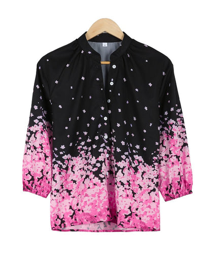 Elegant Floral Print 3/4 Sleeve Black Shirt