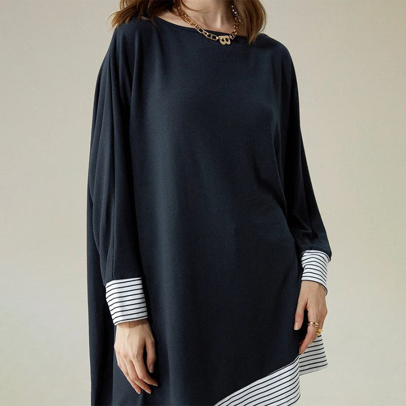 Irregular Hem Contrast Color Loose Round Neck Long Sleeve Shirt