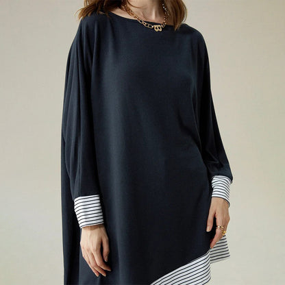 Irregular Hem Contrast Color Loose Round Neck Long Sleeve Shirt