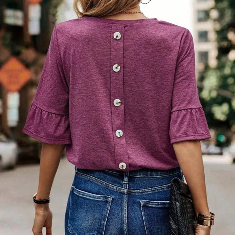 Women's Solid Color Single Breasted Fashionable Ruffle Sleeve T-Shirt