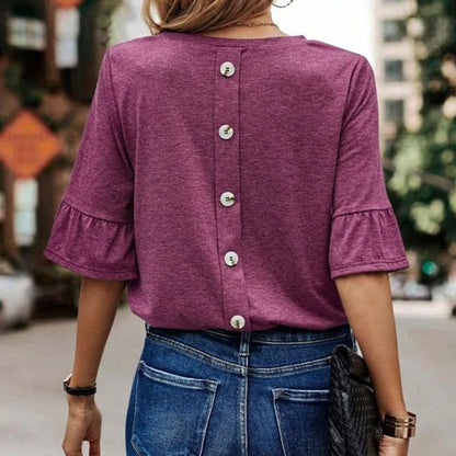 Women's Solid Color Single Breasted Fashionable Ruffle Sleeve T-Shirt