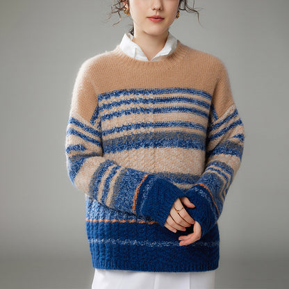 Floral Contrast Color Round Neck Cashmere Sweater