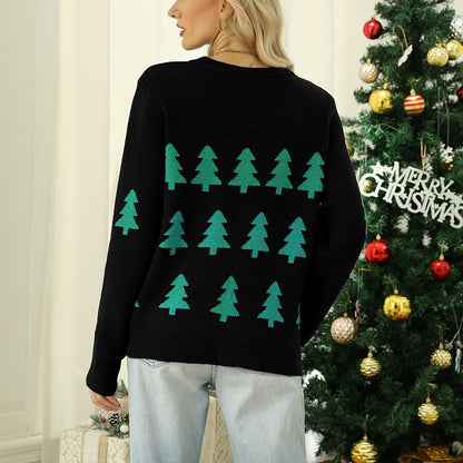 Jacquard Christmas Tree Knitted Long Sleeve Red/Black Christmas Sweater