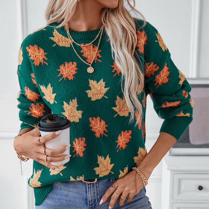 Maple Leaf Pattern Jacquard Casual Pullover Sweater for Women