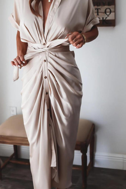 Apricot Vintage Plain Short Sleeve Midi Dress With Belt