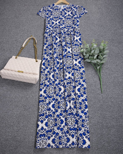Modern Flower Print Short Sleeve Maxi Dress