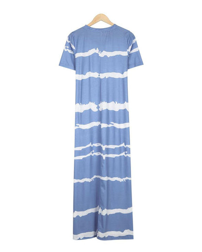 Modest Blue V-Neck Short Sleeve Printed Maxi Dress